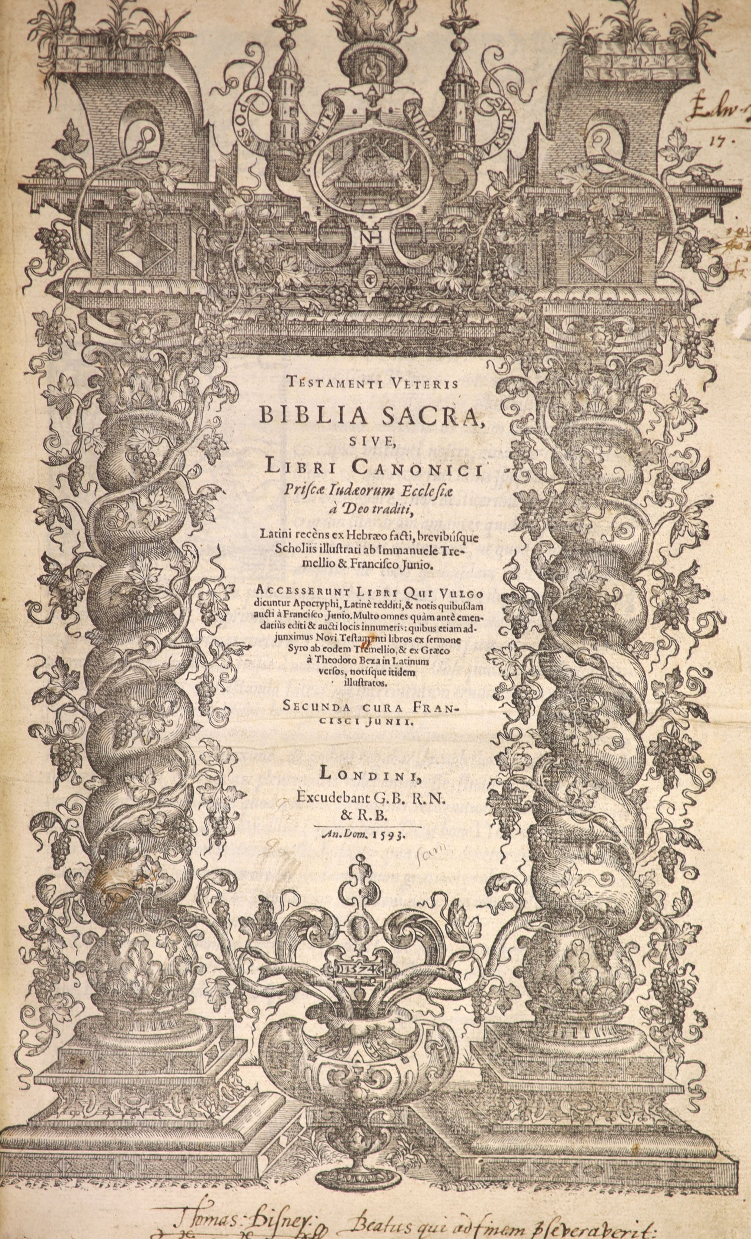 [Holy Bible[ Testamenti Veteris Biblia Sacra, sive, Libri Canonici ... secunda cura Francisci Junii. engraved pictorial 'architectural' title, engraved head and tailpiece decorations